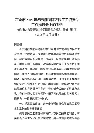 王宇：在全市2019年春节前保障农民工工资支付工作推进会上的讲话