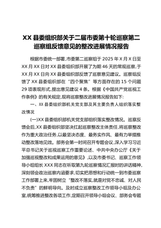 XX县委组织部关于二届市委第十轮巡察第二巡察组反馈意见的整改进展情况报告