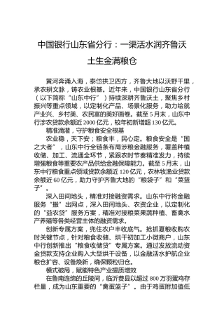 中国银行山东省分行：一渠活水润齐鲁沃土生金满粮仓