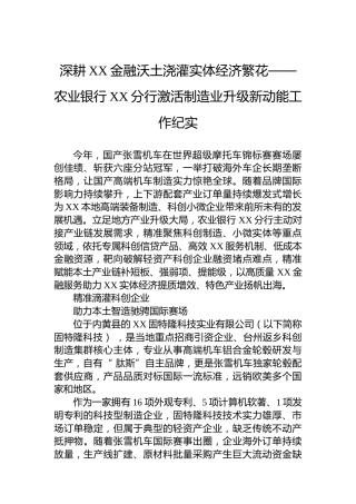 深耕XX金融沃土浇灌实体经济繁花——农业银行XX分行激活制造业升级新动能工作纪实