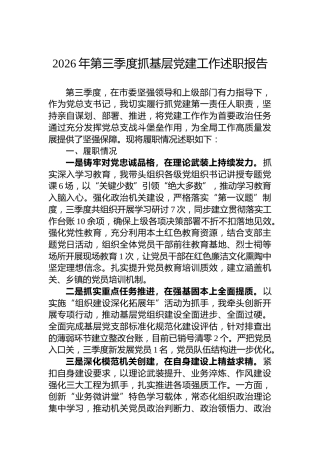 2026年第三季度抓基层党建工作述职报告
