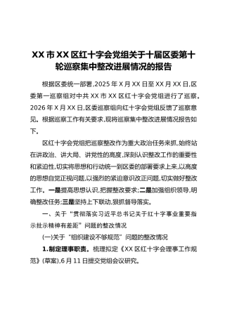 XX市XX区红十字会党组关于十届区委第十轮巡察集中整改进展情况的报告