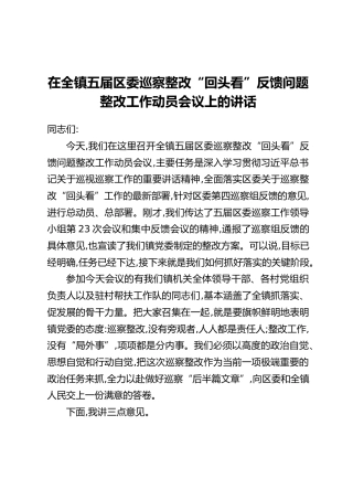 在全镇五届区委巡察整改“回头看”反馈问题整改工作动员会议上的讲话