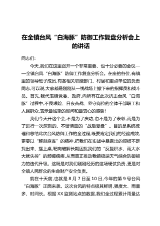 在全镇台风“白海豚”防御工作复盘分析会上的讲话