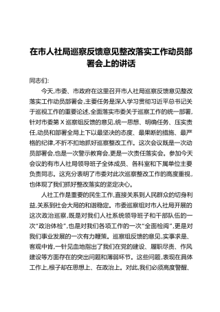在市人社局巡察反馈意见整改落实工作动员部署会上的讲话