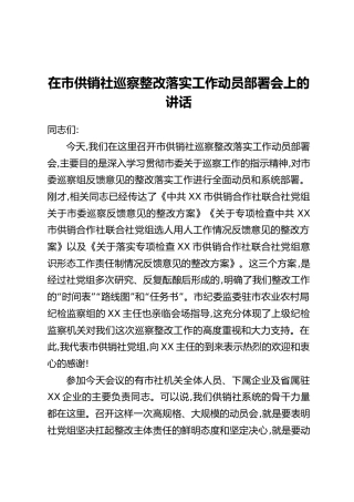 在市供销社巡察整改落实工作动员部署会上的讲话