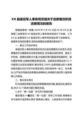 XX县退役军人事务局党组关于巡察整改阶段进展情况的报告