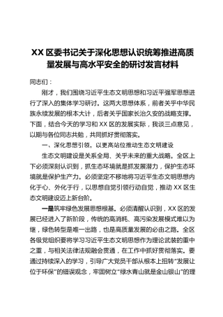XX区委书记关于深化思想认识统筹推进高质量发展与高水平安全的研讨发言材料