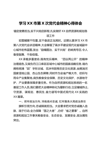 学习XX市第X次党代会精神心得体会：锚定使勇担当, 实干兴宛启新程,扎实做好XX自然资源和规划各项工作