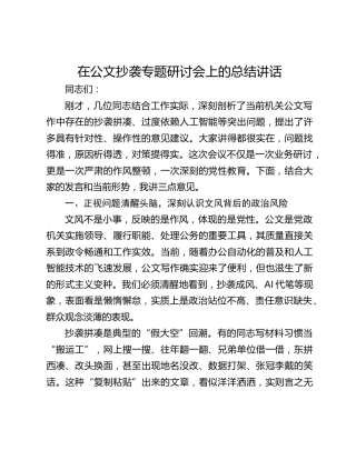 在公文抄袭专题研讨会上的总结讲话