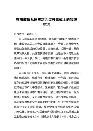 胡玖明：在市政协九届三次会议开幕式上的致辞