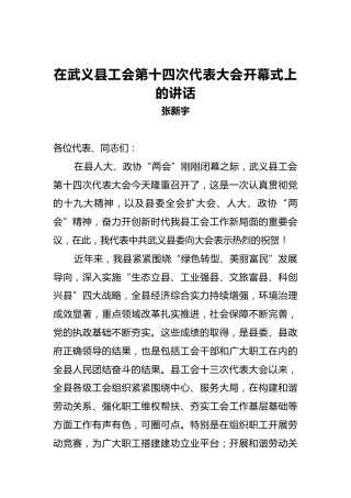 张新宇：在武义县工会第十四次代表大会开幕式上的讲话
