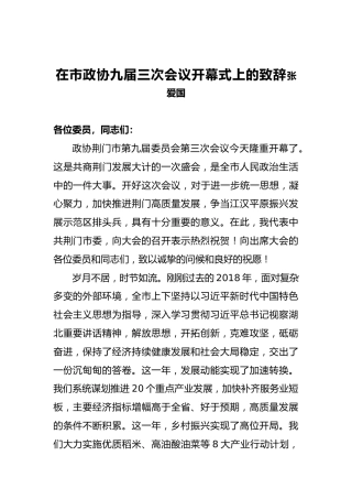 张爱国：在市政协九届三次会议开幕式上的致辞