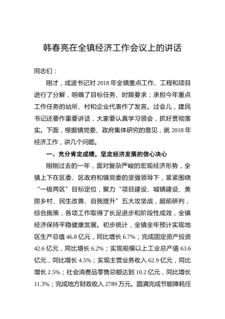 韩春亮：在全镇经济工作会议上的讲话