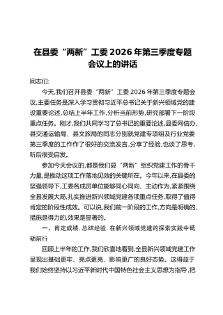 在县委“两新”工委2026年第三季度专题会议上的讲话