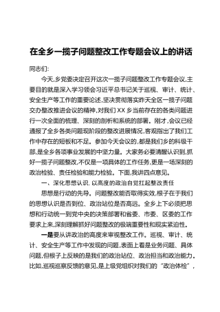 在全乡一揽子问题整改工作专题会议上的讲话