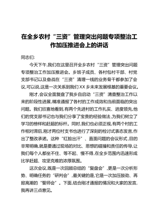 在全乡农村“三资”管理突出问题专项整治工作加压推进会上的讲话