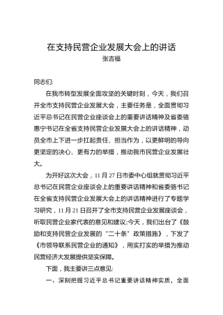 张吉福：在支持民营企业发展大会上的讲话