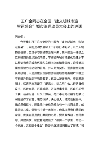 王广金：在全区“建文明城市迎智运盛会”城市治理动员大会上的讲话
