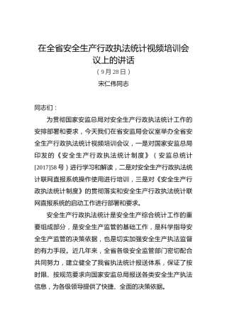 宋仁伟同志：在全省安全生产行政执法统计视频培训会议上的讲话