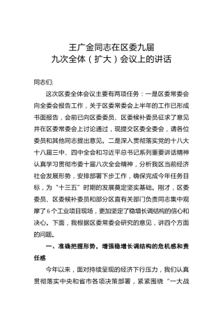 王广金：在区委九届九次全体（扩大）会议上的讲话