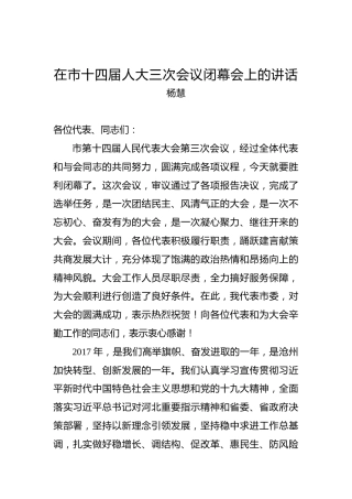 杨慧：在市十四届人大三次会议闭幕会上的讲话
