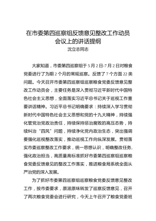 沈立志同志：在市委第四巡察组反馈意见整改工作动员会议上的讲话提纲