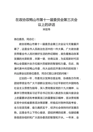 宋宏伟：在政协双鸭山市第十一届委员会第三次会议上的讲话