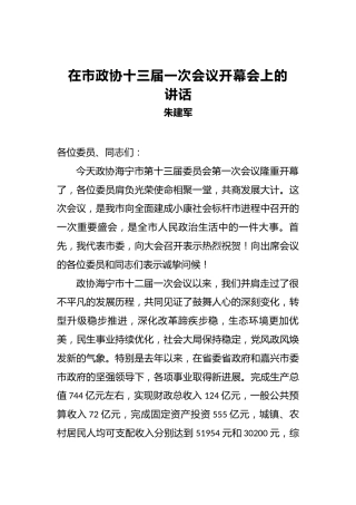 朱建军：在市政协十三届一次会议开幕会上的讲话